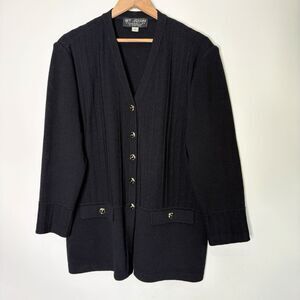 St John Collection Marie Gray Cardigan Sweater Black Ribbed Button Up Women 12